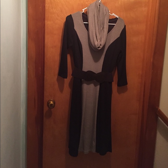 Long sleeve below knee dress w/ scarf and belt - Picture 1 of 4